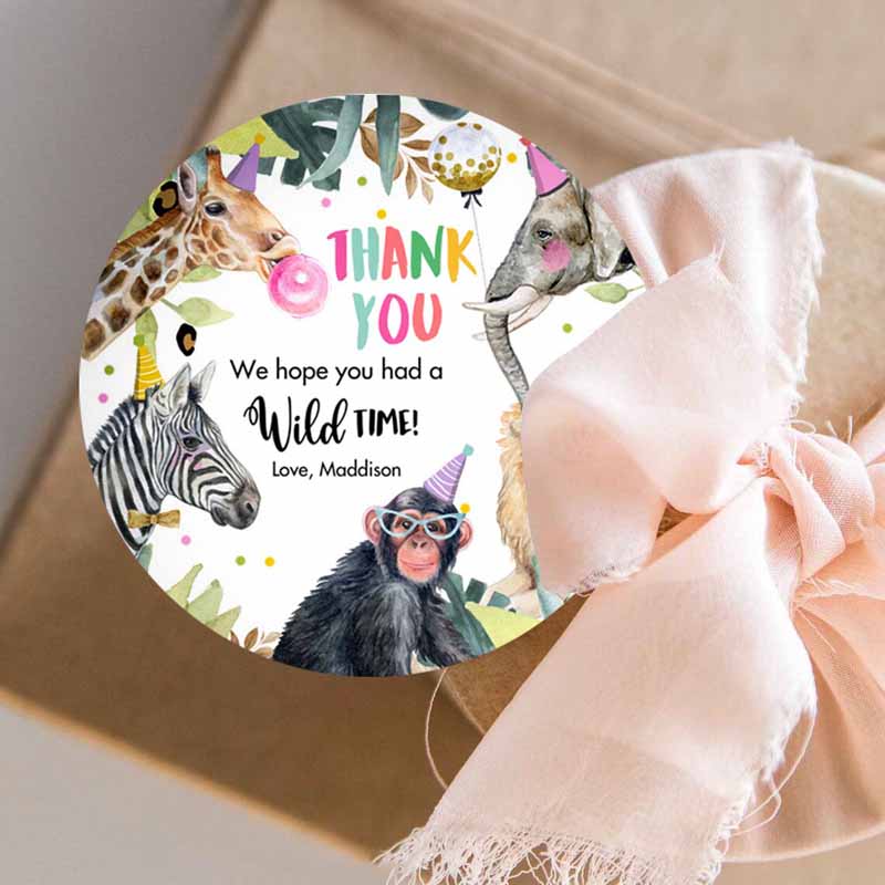 3 editable party animals favor tags wild one animals thank you tags safari zoo girl birthday wild time sticker tag digital corjl template 0417 1