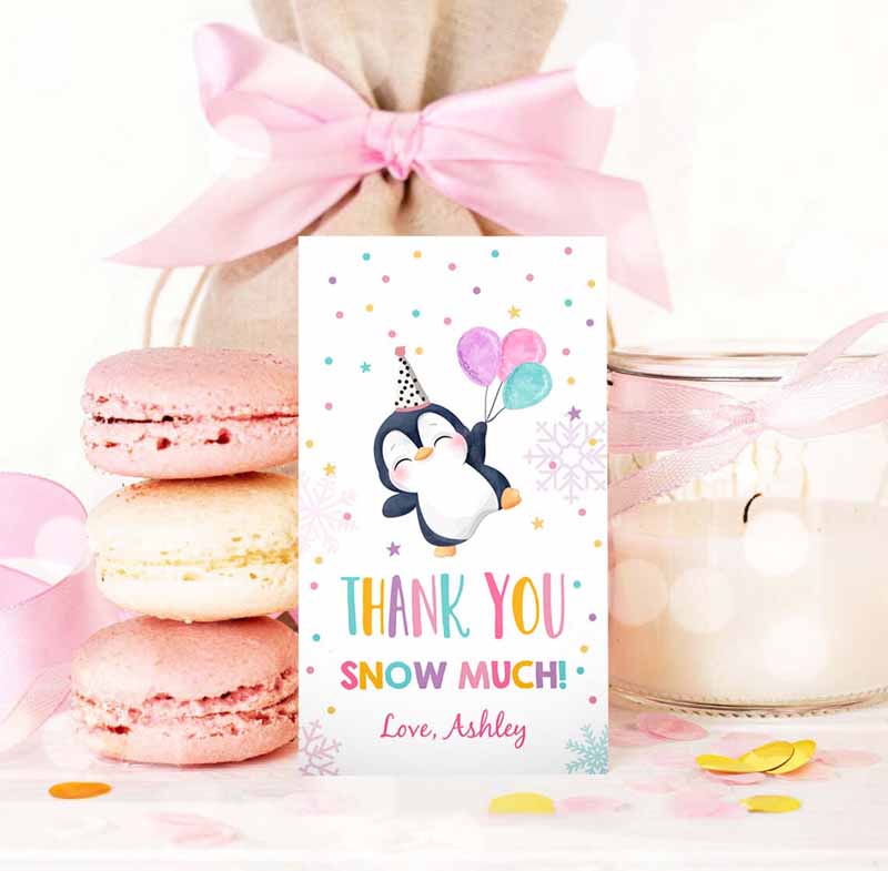 3 editable penguin favor tag drive by birthday favors winter onederland snow thank you gift tags pink girl corjl template printable 0372 1