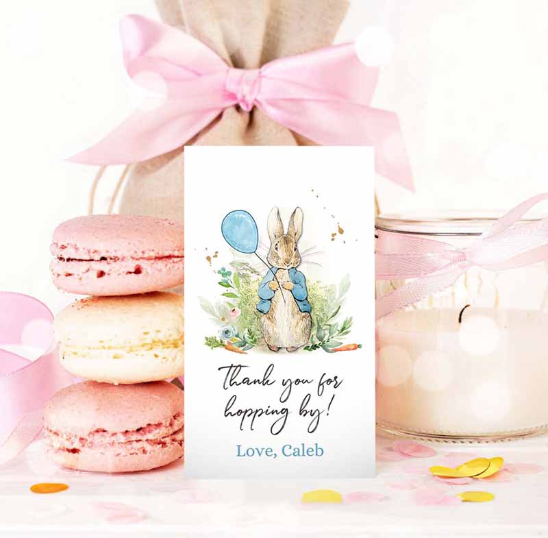3 editable peter rabbit favor tags bunny thank you tags boy birthday labels thanks hopping by printable instant download corjl template 0351 1