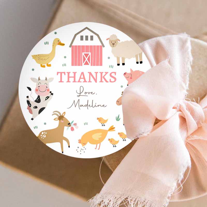 3 editable pink farm animal thank you tags girl birthday barnyard stickers farm birthday decor pink favor tags cow pig template corjl 0436 1