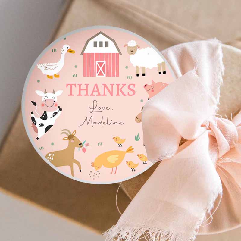 3 Editable Pink Farm Animals Thank you Tags Girl Birthday Barnyard Stickers Farm Birthday Decor Pink Favor Tags Cow Pig Template Corjl 0436