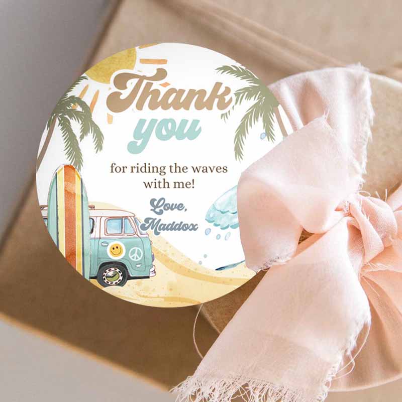 3 editable retro surf favor tag 1st birthday the big one thank you stickers beach party surf up van hippie wave template corjl printable 0433 1