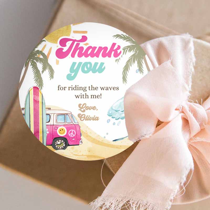 3 editable retro surf favor tags 1st birthday the big one thank you stickers beach party surf up van hippie wave template corjl printable 0433 1