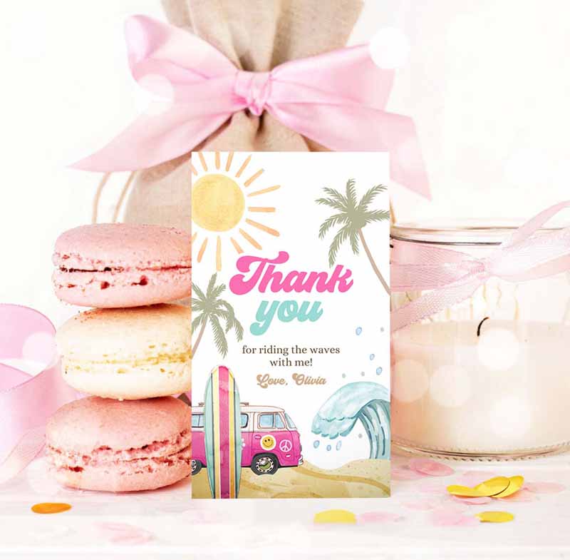 3 editable retro surf favor tags 1st birthday the big one thank you tags beach party surf up van girl pink wave template corjl printable 0433 1