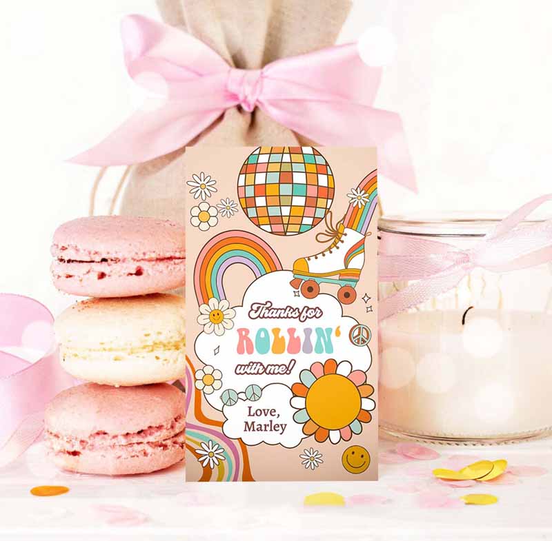 3 editable roller skating favor tag roller skate birthday thank you tags girl retro skate party disco download printable corjl template 0459 1