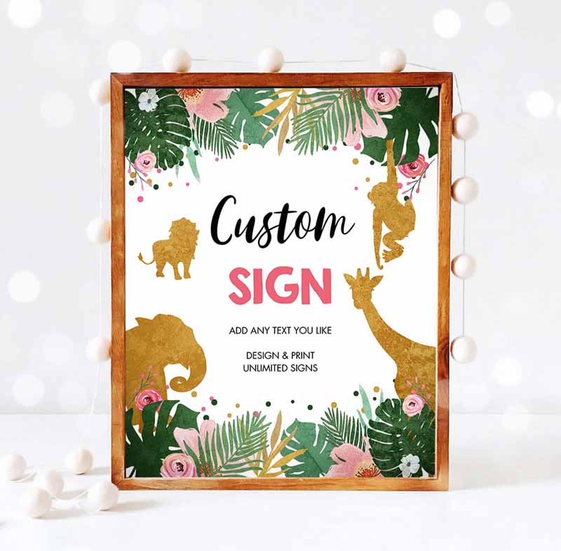 3 Editable Safari Animals Custom Sign Birthday Table Sign Decor Jungle Green Pink Girl Instant Download Corjl Template 8x10 Printable 0016
