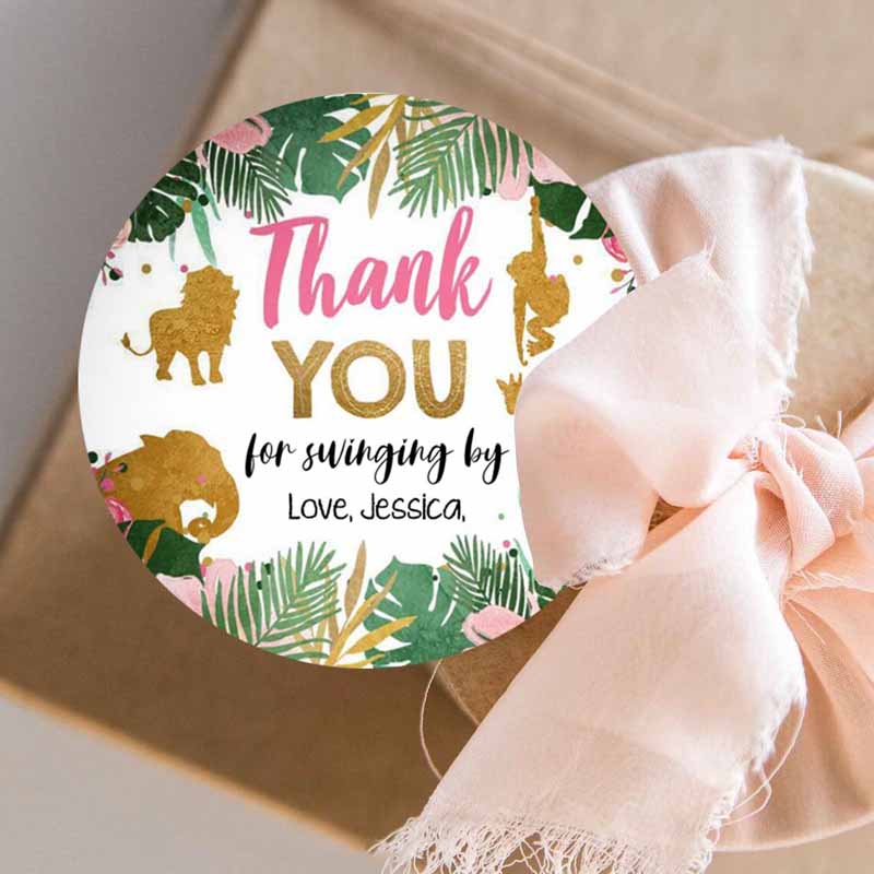 3 editable safari animals favor tags thank you tags wild one round square jungle pink gold gift tag girl pink swinging by corjl template 0016 1