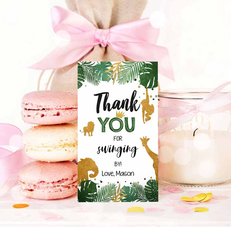 3 editable safari animals favor tags thank you for swinging by wild one label jungle zoo boy green gold gift tag download corjl template 0016 1