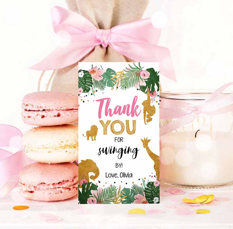 3 editable safari favor tags wild one animals thank you tags swinging by label tags jungle girl gold pink gift tags zoo template corjl 0016 1