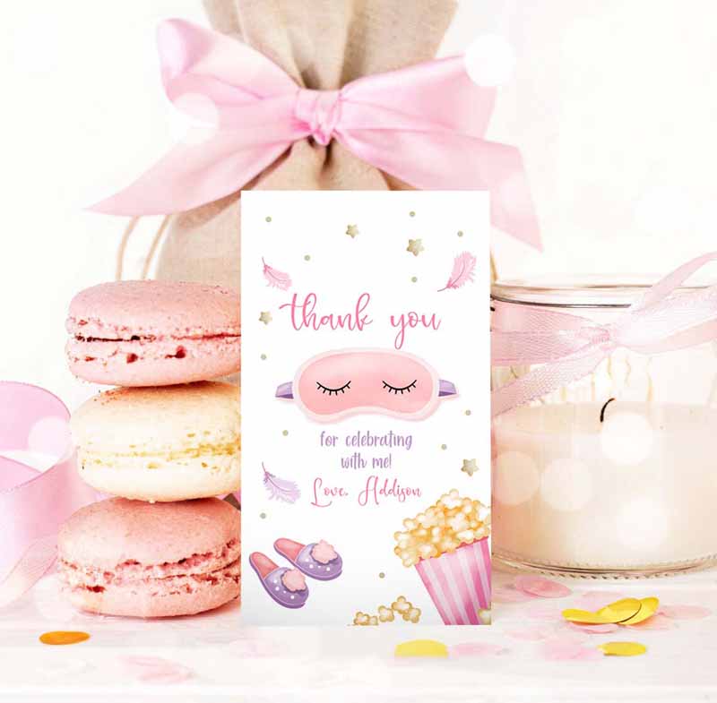 3 editable slumber party thank you tag sleepover favor tags pink girl movie night mask favor tags pajamas labels template printable corjl 0447 1