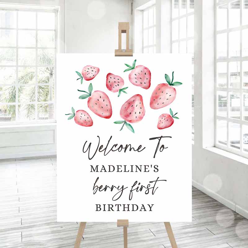 3 editable strawberry welcome sign strawberry birthday party welcome farmers market girl berry first watercolor template printable corjl 0399 1