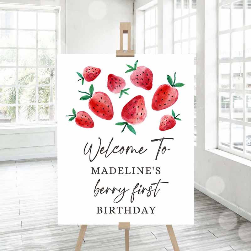3 editable strawberry welcome sign strawberry birthday welcome farmers market girl berry first watercolor template printable corjl 0399 1