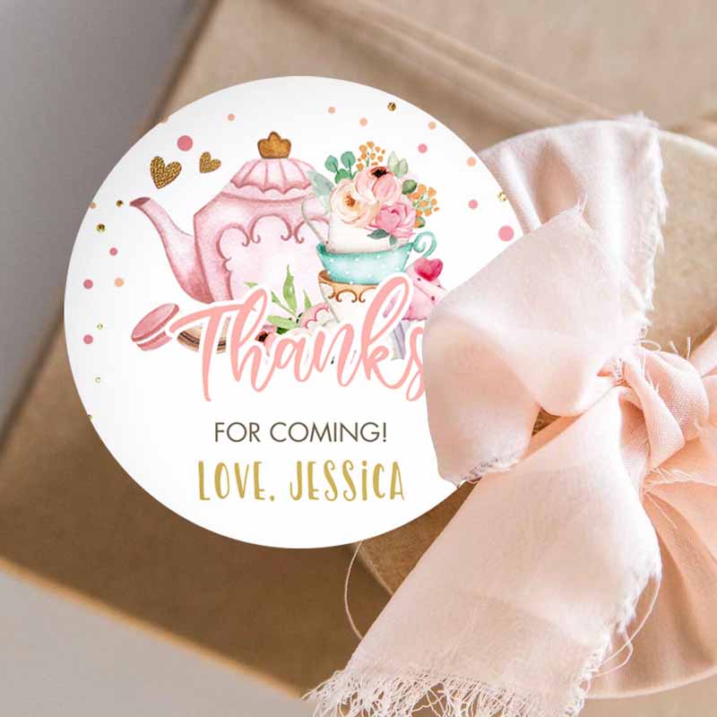 3 editable tea party favor tag sticker baby shower baby is brewing floral pink gold tea for two partea par tea template corjl printable 0349 1