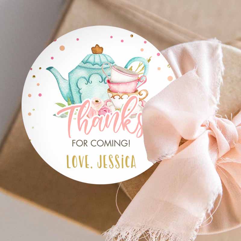 3 editable tea party favor tag sticker baby shower baby is brewing floral pink gold whimsical girl square round template corjl printable 0349 1