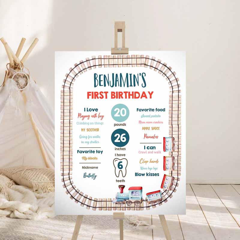 3 editable train birthday milestones sign vintage train party boy 1st birthday railroad transportation red blue template printable corjl 0149 1