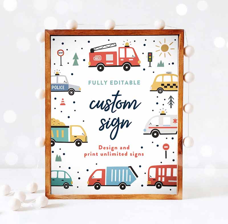 3 Editable Transportation Birthday Fully Editable Custom Sign Trucks Cars Diggers Tractor First Responders Birthday Party Instant Download AUH