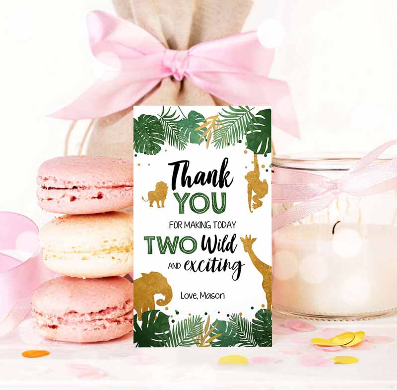 3 editable two wild safari animals favor tags second birthday jungle zoo animals thank you tags 2nd boy green gold corjl template 0016 1