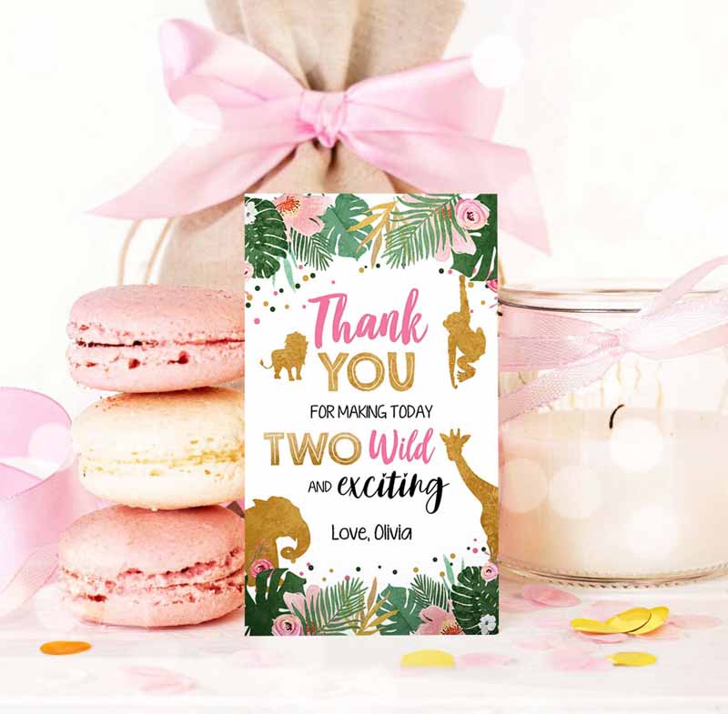 3 editable two wild safari animals favor tags second birthday jungle zoo animals thank you tags 2nd girl pink gold digital corjl template 0016 1