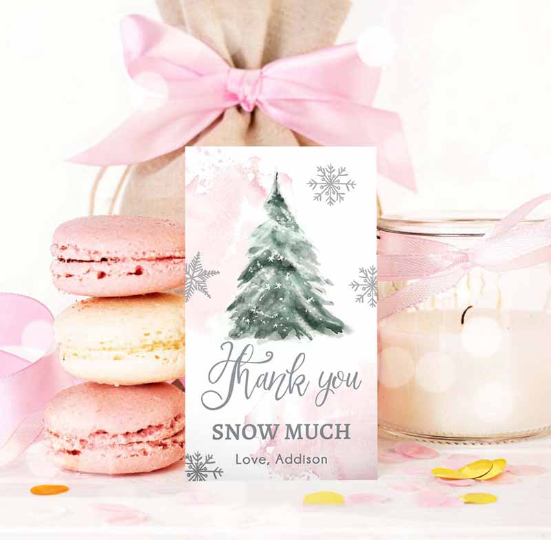3 editable winter tree thank you tags winter onederland pink girl christmas thank you snow much baby shower birthday gift corjl printable 0363 1