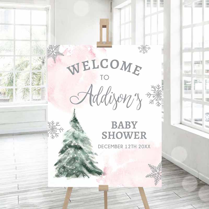 3 Editable Winter Tree Welcome Sign Tree Watercolor Baby Shower Girl Pink Little Snowflake on the Way Wonderland Corjl Template Printable 0363