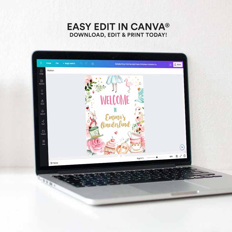 4 Editable Alice in Wonderland Welcome Sign Alice in Onederland Birthday Sign Girl Pink Mad Tea Party Shower Template Corjl PRINTABLE 0350