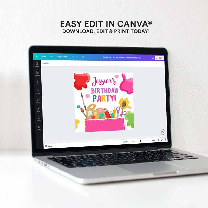 4 Editable Art Party Favor Tags Painting Party Thank You Tag Sticker Art Birthday Girl Pink Craft Paint Brush Corjl Template Printable 0319