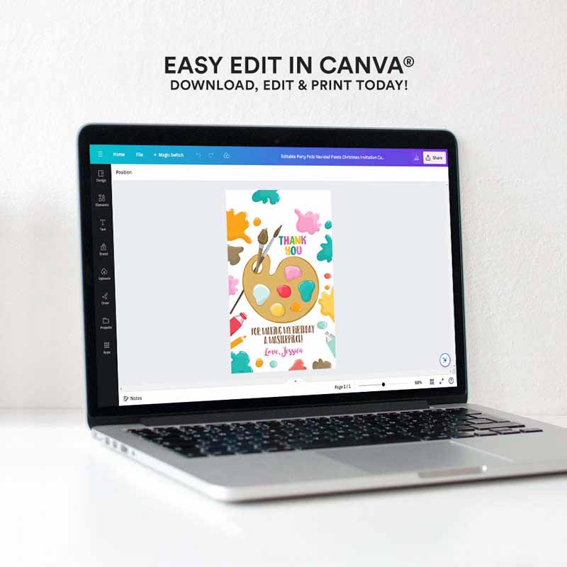 4 Editable Art Party Favor Tags Painting Thank You Tag Gift Tag Art Birthday Girl Pink Craft Paint Brush Corjl Template Printable 0319