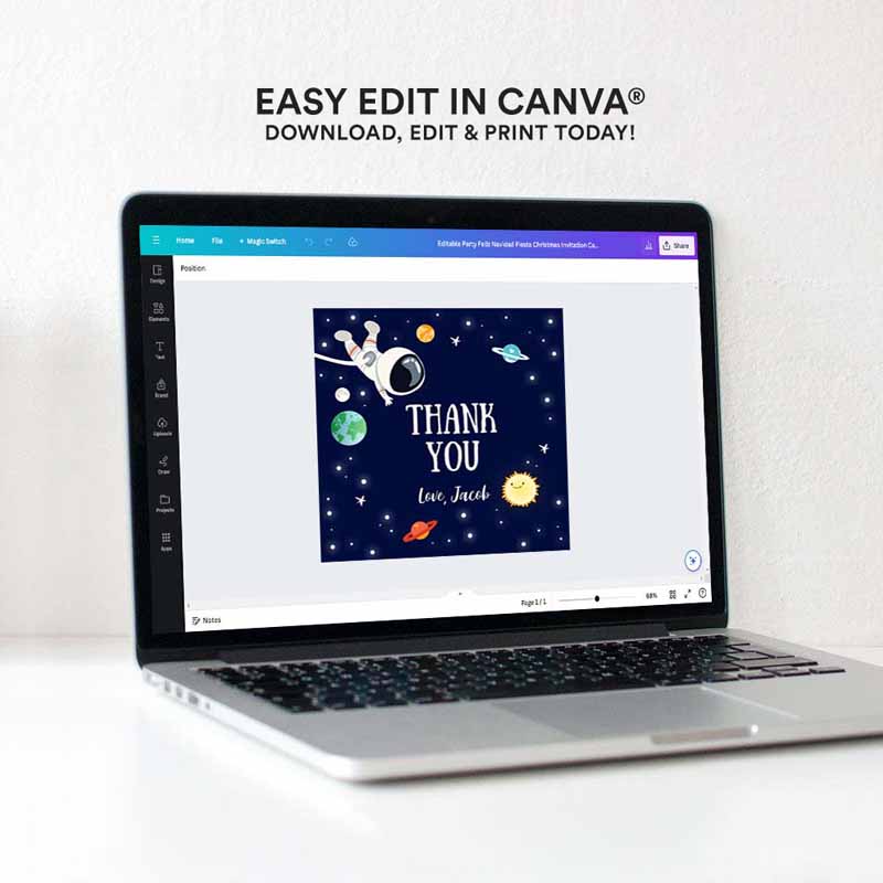 4 editable boy space astronaut favor tags thank you tag birthday party outer space galaxy planets and stars round square corjl template 0259 1