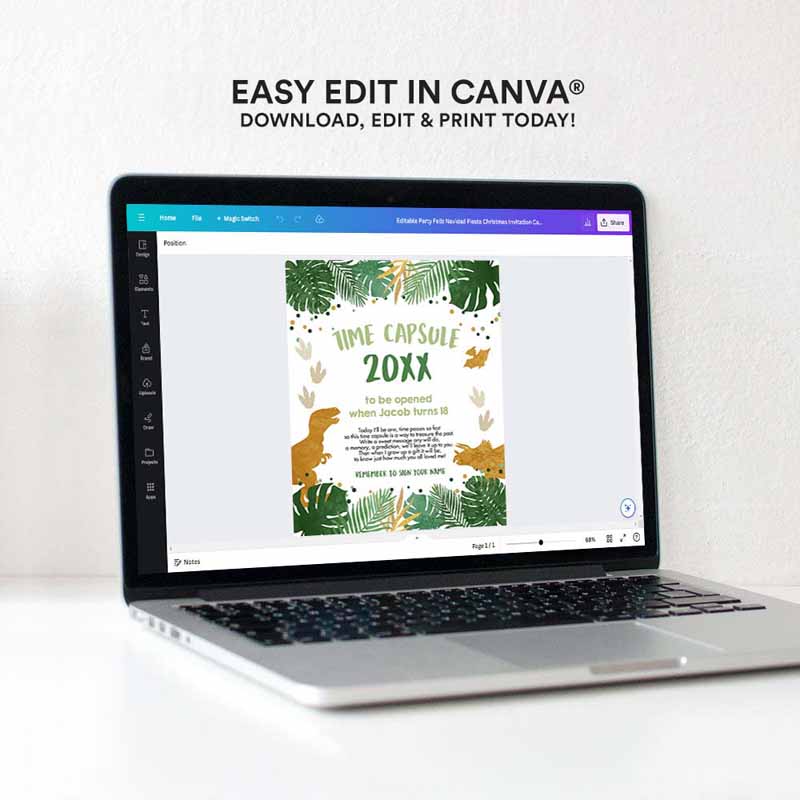 4 Editable Dinosaur Time Capsule First Birthday Party Green Gold Boy Party 1st Table Sign Cards T Rex Guestbook Corjl Template Printable 0146