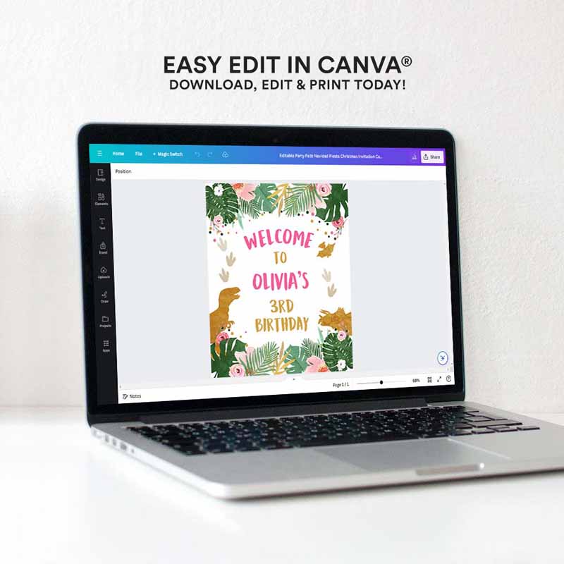 4 Editable Dinosaur Welcome Sign Girl Pink and Gold Dino Party Dinosaur Birthday Sign Welcome Dinosaur Sign Template PRINTABLE Corjl 0146