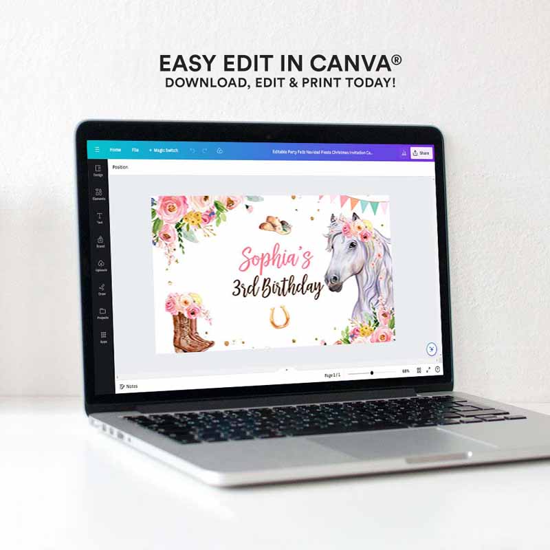 4 editable horse birthday backdrop saddle up watercolor cowgirl party girl pony birthday decor horse party sign corjl template printable 0408 1