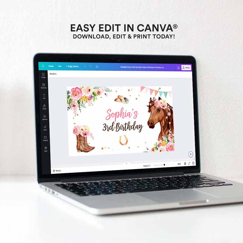 4 editable horse party birthday backdrop saddle up watercolor cowgirl party girl pony birthday decor horse party sign corjl template printable 0408 1