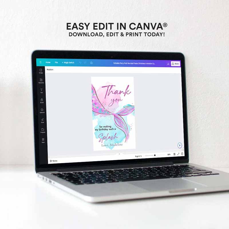 4 editable mermaid birthday favor tags under the sea thank you mermaid party girl pink purple silver download template corjl printable 0403 1