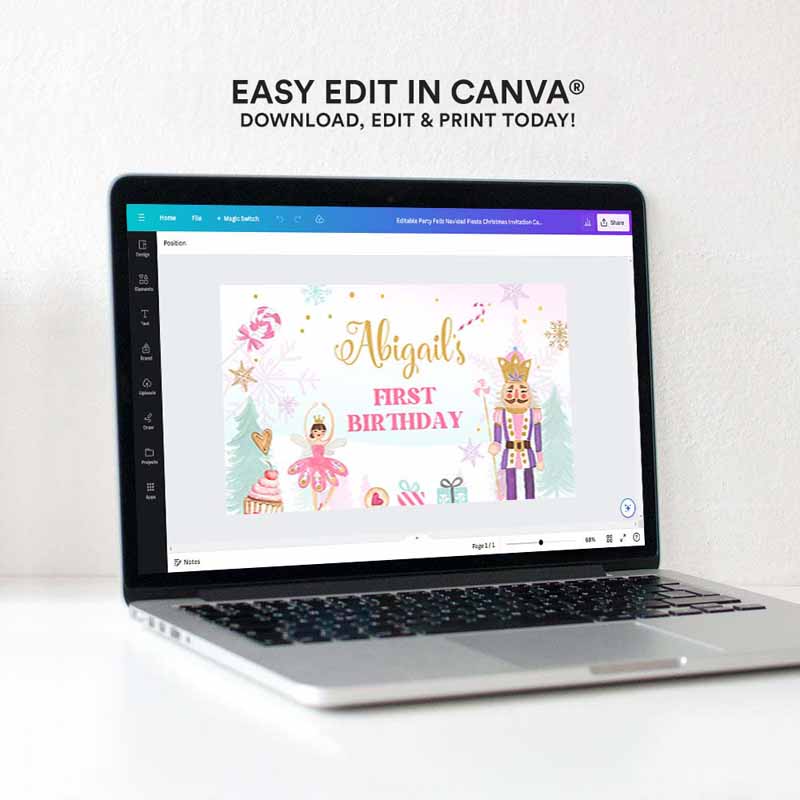 4 Editable Nutcracker Backdrop Banner Pink Gold Nutcracker Birthday Decor Girl Winter Land of Sweets Download Corjl Template Printable 0352