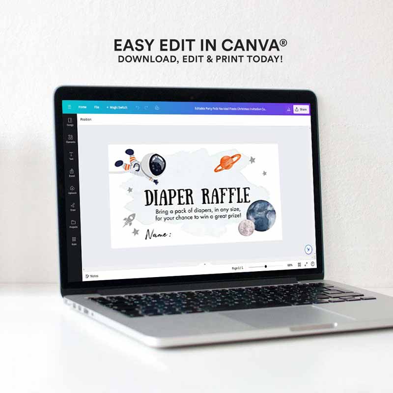 4 Editable Outer Space Astronaut Diaper Raffle Ticket Baby Shower Orange Planets Galaxy Registry Card Game Corjl Template PRINTABLE 0366