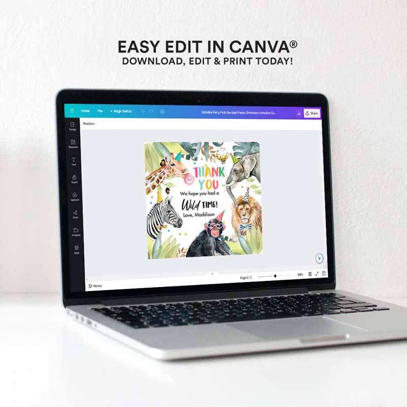 4 Editable Party Animals Favor Tag Wild One Animals Thank You Tags Safari Zoo Girl Birthday Wild Time Sticker Tag Digital Corjl Template 0417