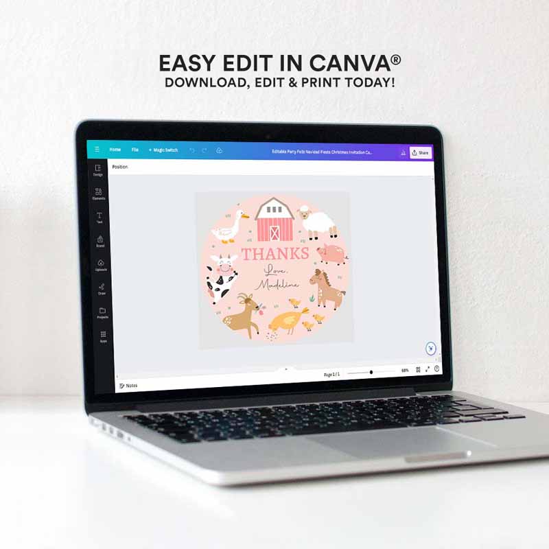 4 Editable Pink Farm Animals Thank you Tags Girl Birthday Barnyard Stickers Farm Birthday Decor Pink Favor Tags Cow Pig Template Corjl 0436