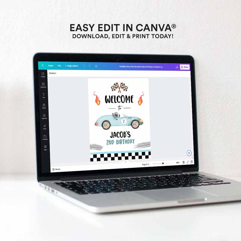4 Editable Racing Birthday Welcome Sign Race Car Sign Two Fast Two Curious 2nd Birthday Blue Boy Decor Template Corjl PRINTABLE 0424