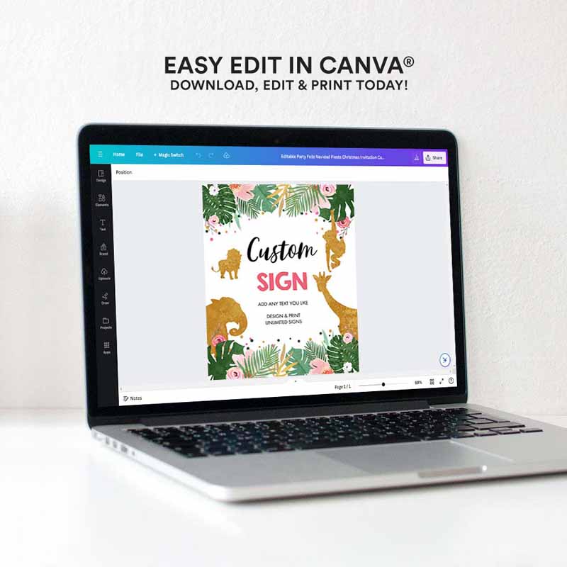 4 Editable Safari Animals Custom Sign Birthday Table Sign Decor Jungle Green Pink Girl Instant Download Corjl Template 8x10 Printable 0016