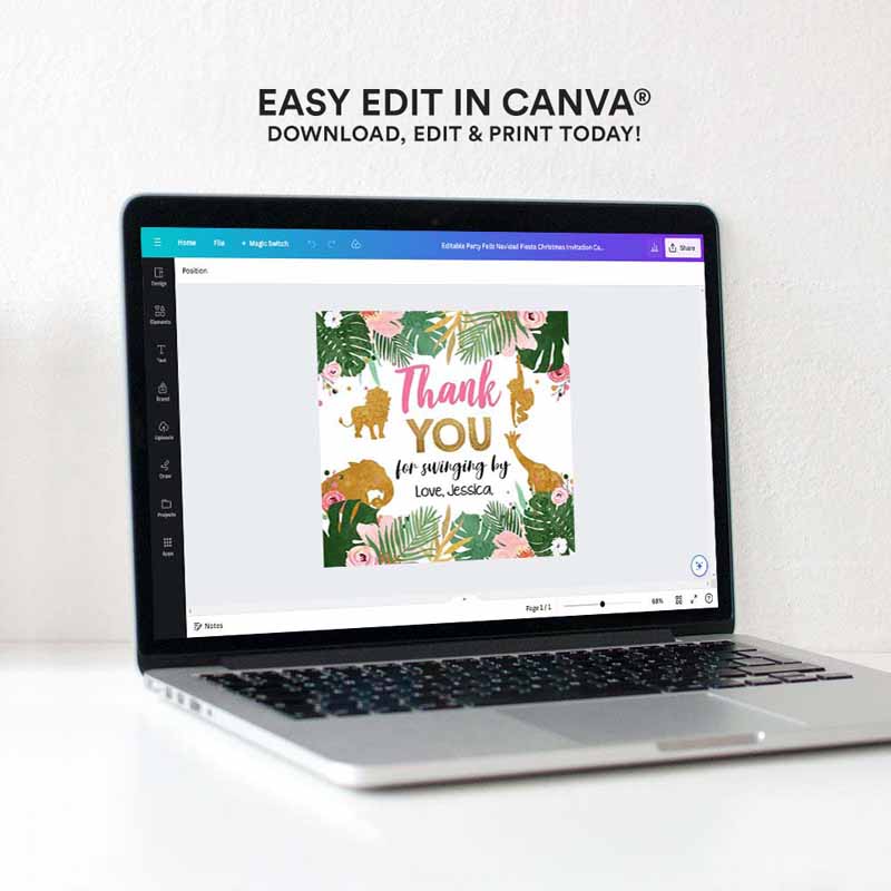 4 editable safari animals favor tags thank you tags wild one round square jungle pink gold gift tag girl pink swinging by corjl template 0016 1
