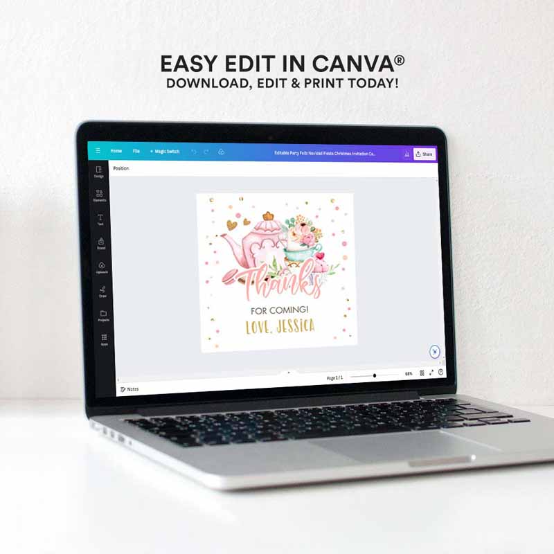 4 editable tea party favor tag sticker baby shower baby is brewing floral pink gold tea for two partea par tea template corjl printable 0349 1