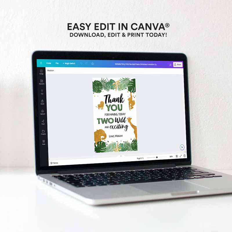 4 editable two wild safari animals favor tags second birthday jungle zoo animals thank you tags 2nd boy green gold corjl template 0016 1