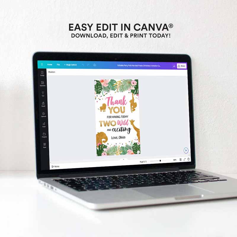 4 editable two wild safari animals favor tags second birthday jungle zoo animals thank you tags 2nd girl pink gold digital corjl template 0016 1