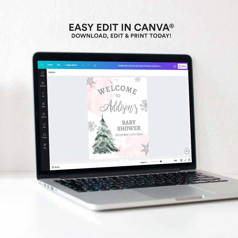 4 Editable Winter Tree Welcome Sign Tree Watercolor Baby Shower Girl Pink Little Snowflake on the Way Wonderland Corjl Template Printable 0363