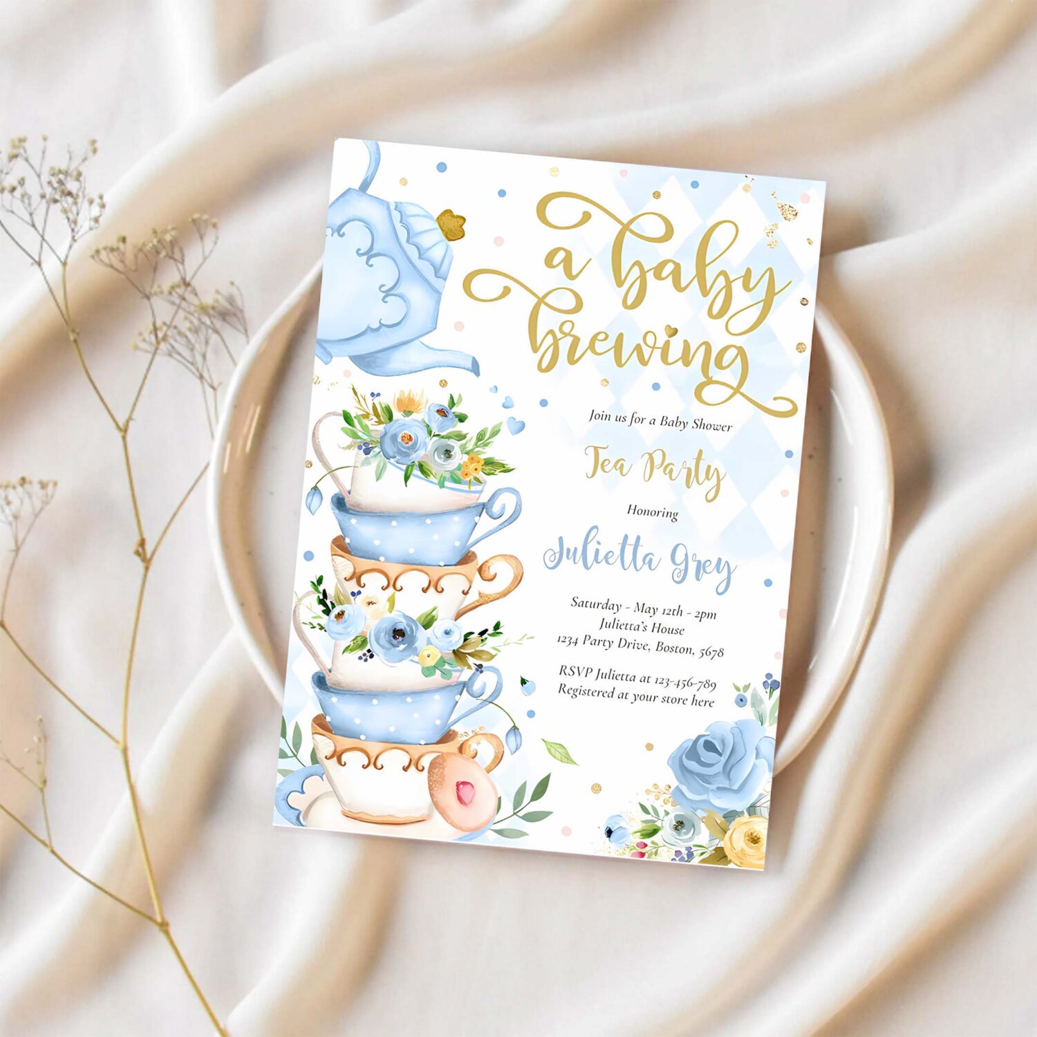 A baby is brewing tea party baby shower blue roses invitation e69z 1