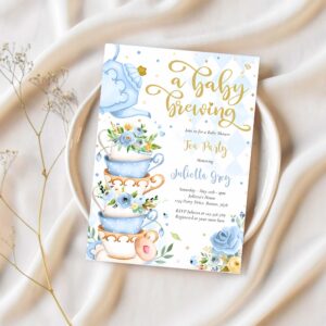 A baby is brewing tea party baby shower blue roses invitation e69z 1