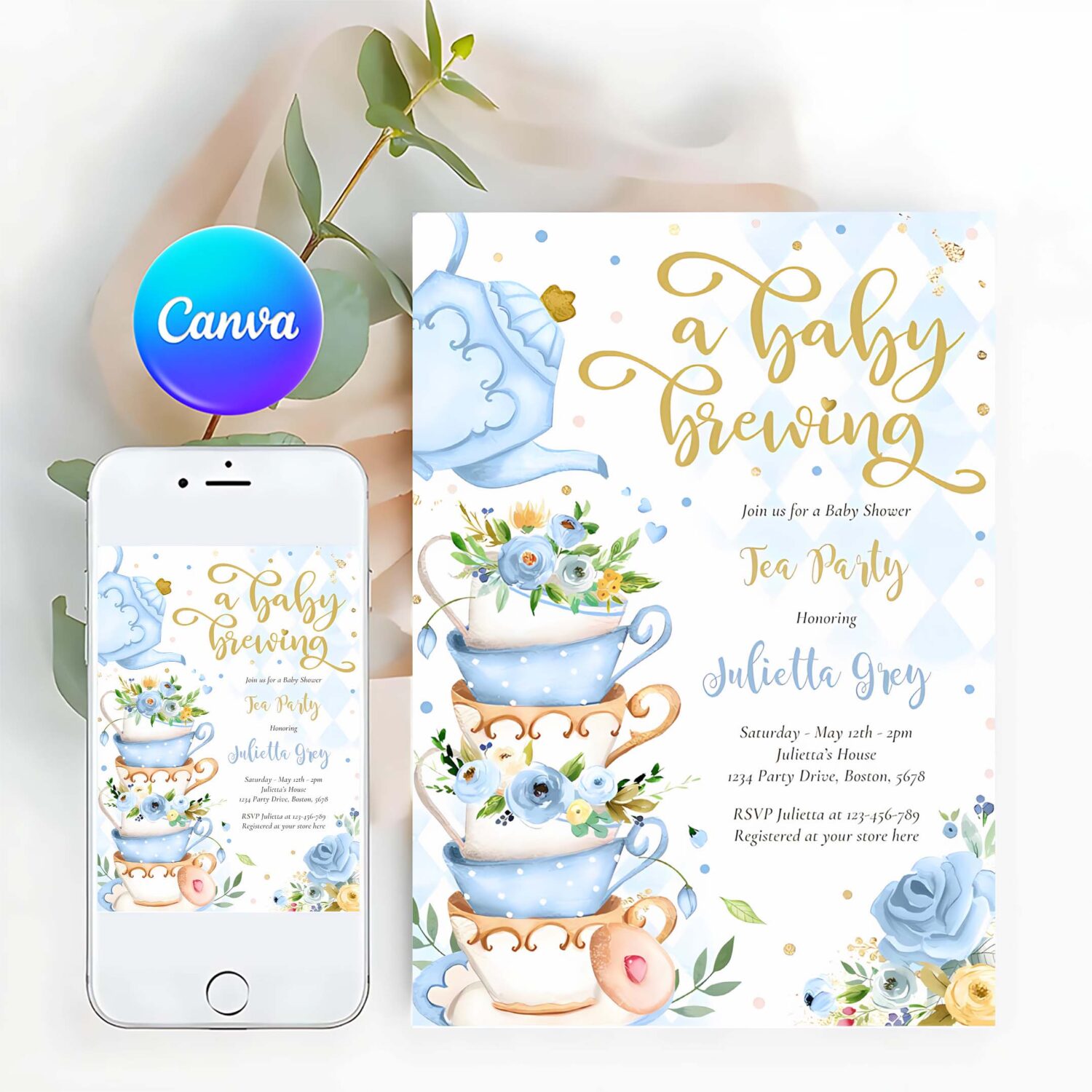 A baby is brewing tea party baby shower blue roses invitation e69z