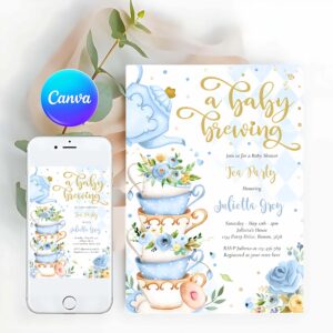 A Baby Is Brewing Tea Party Invitation, A Baby Is Brewing Tea Party Baby Shower Blue Roses Invitation