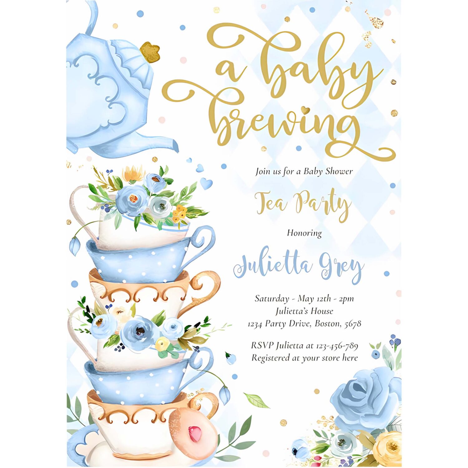 A baby is brewing tea party baby shower blue roses invitation e69z 4