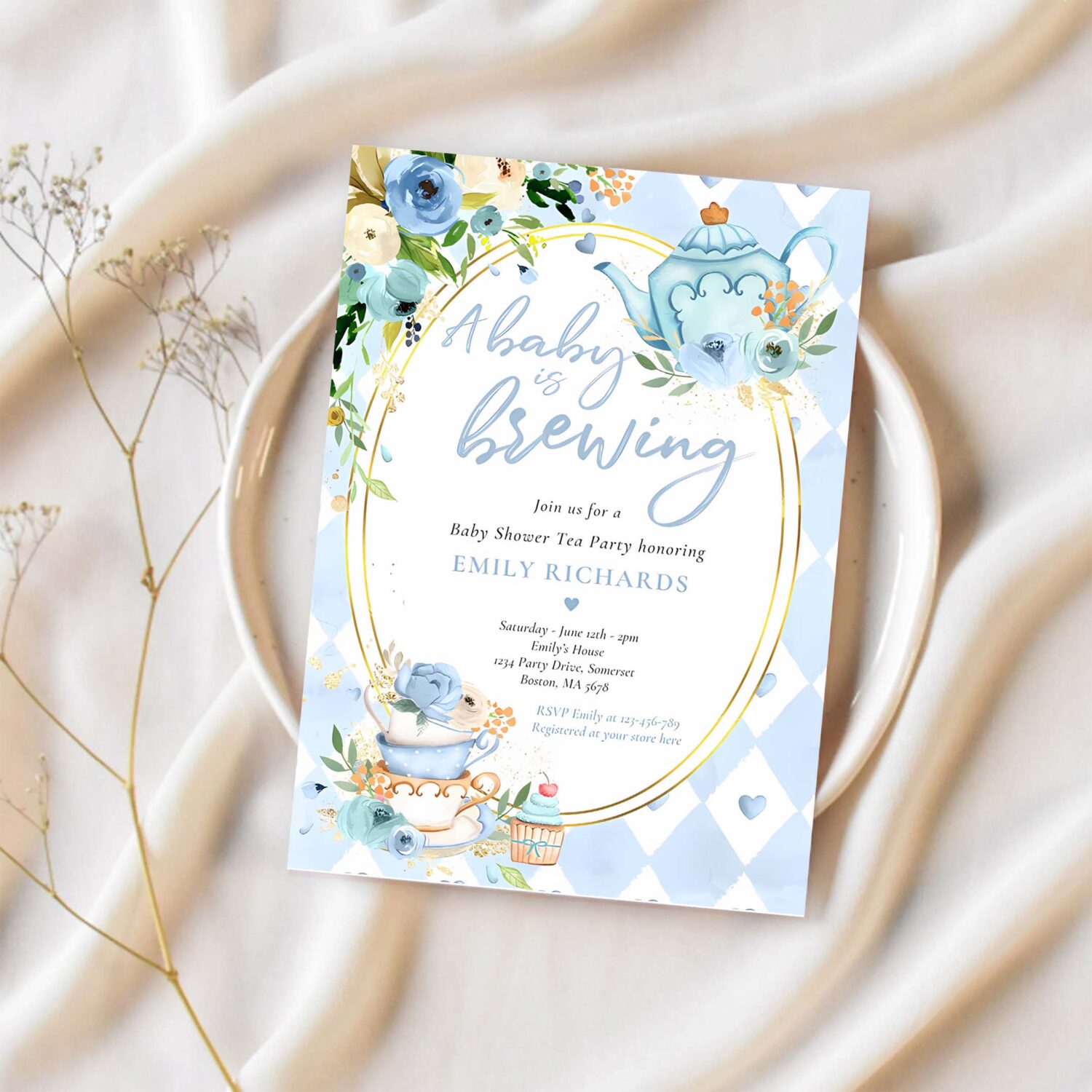 A baby is brewing tea party baby shower blue roses invitation v78y 1
